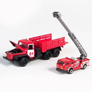 Грузовик Урал металлический инерционный с пожарной машиной или вертолетом, свет и звук (Технопарк, CT-1235WB (F+P)sim)